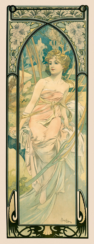 Times of the Day Eveil du Matin Morning Awakening Vintage Poster by Alphonse Maria Mucha 1899 French Art & Culture Advertisement – High Quality Giclee Reproduction Fine Art Print. Featuring a graceful woman draped in pink fabric, with flowing ribbons and a serene expression, surrounded by soft pastel hues of flowers and nature.