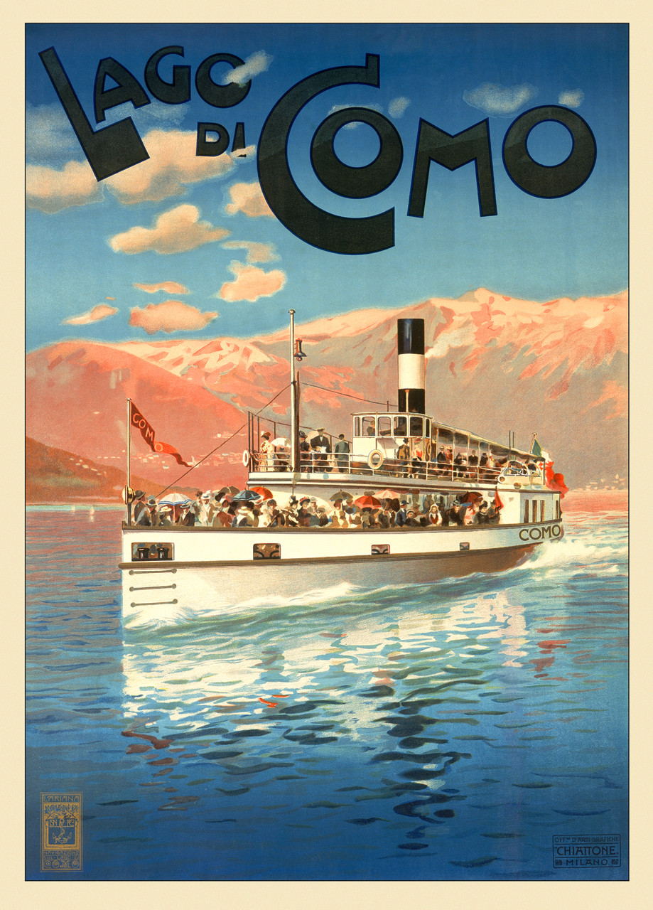 Lago di Como 1905 Italy - Beautiful Vintage Poster Reproduction. This vertical Italian travel poster features a ferry boat full of people moving across a lake with pastel mountains in the background. Giclee Advertising Print. Classic Posters