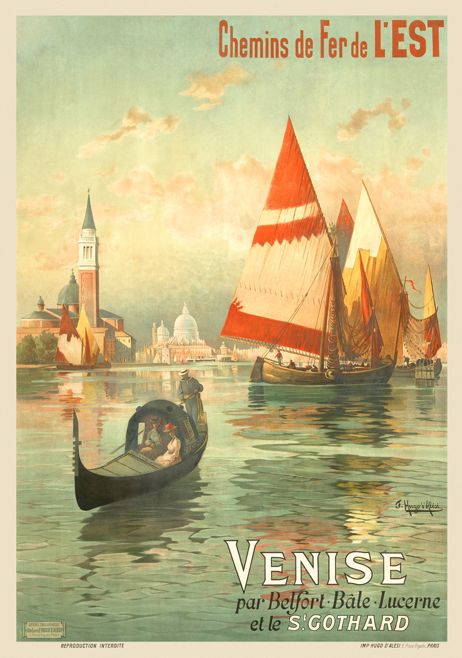 Venise Chemins de Fer de L'Est by H. D'Alesi 1902 France - Beautiful Vintage Poster Reproduction. This vertical French travel poster features a couple in a gondola on open water with sailboats behind it and the city in the distance. - Beautiful Vintage Poster Reproductions.