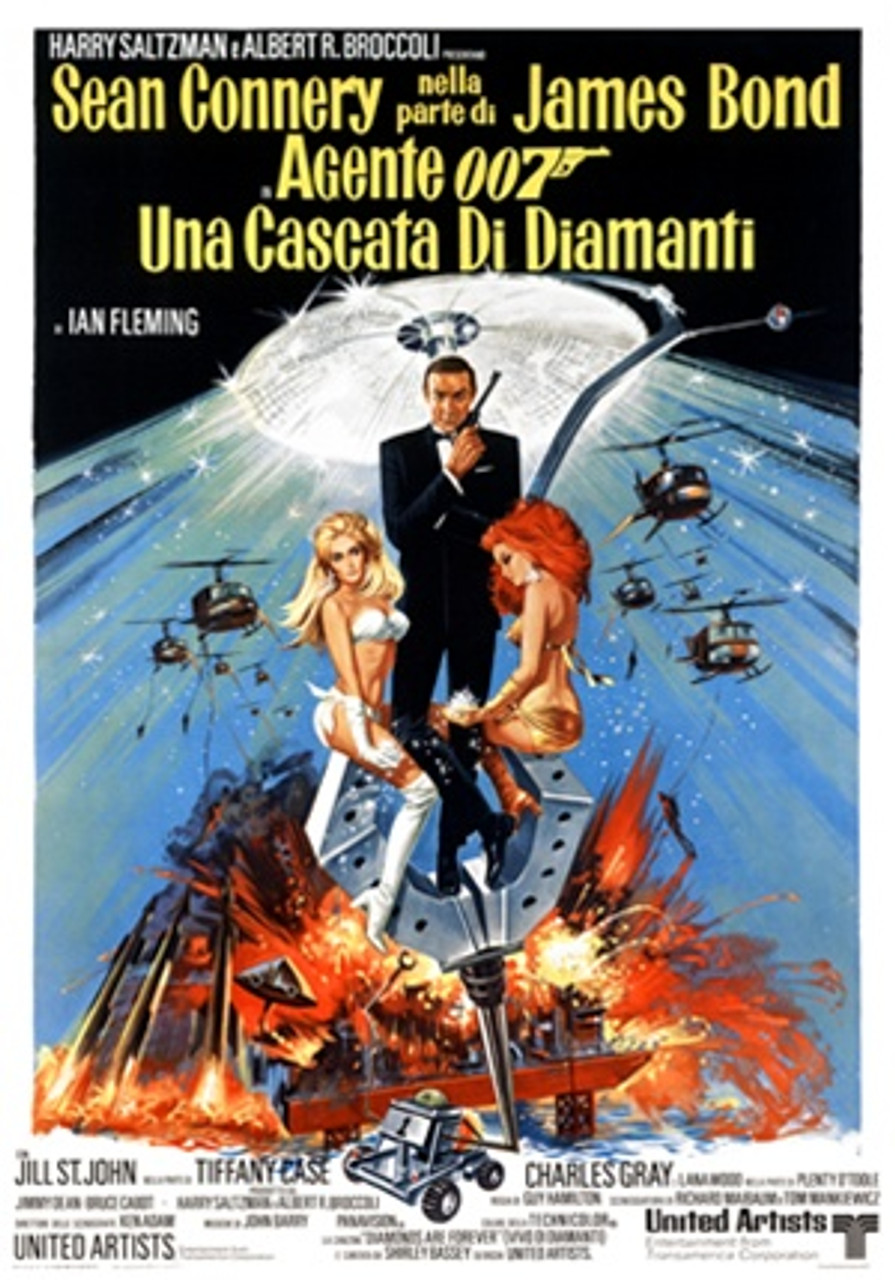 James Bond, Una Cascata Di Diamanti 1960 Italy - Beautiful Vintage Poster Reproductions. This vertical Italian theater poster features Agent 007 and two women holding diamonds while helicopters bomb behind them. Giclee Advertising Print. Classic Posters