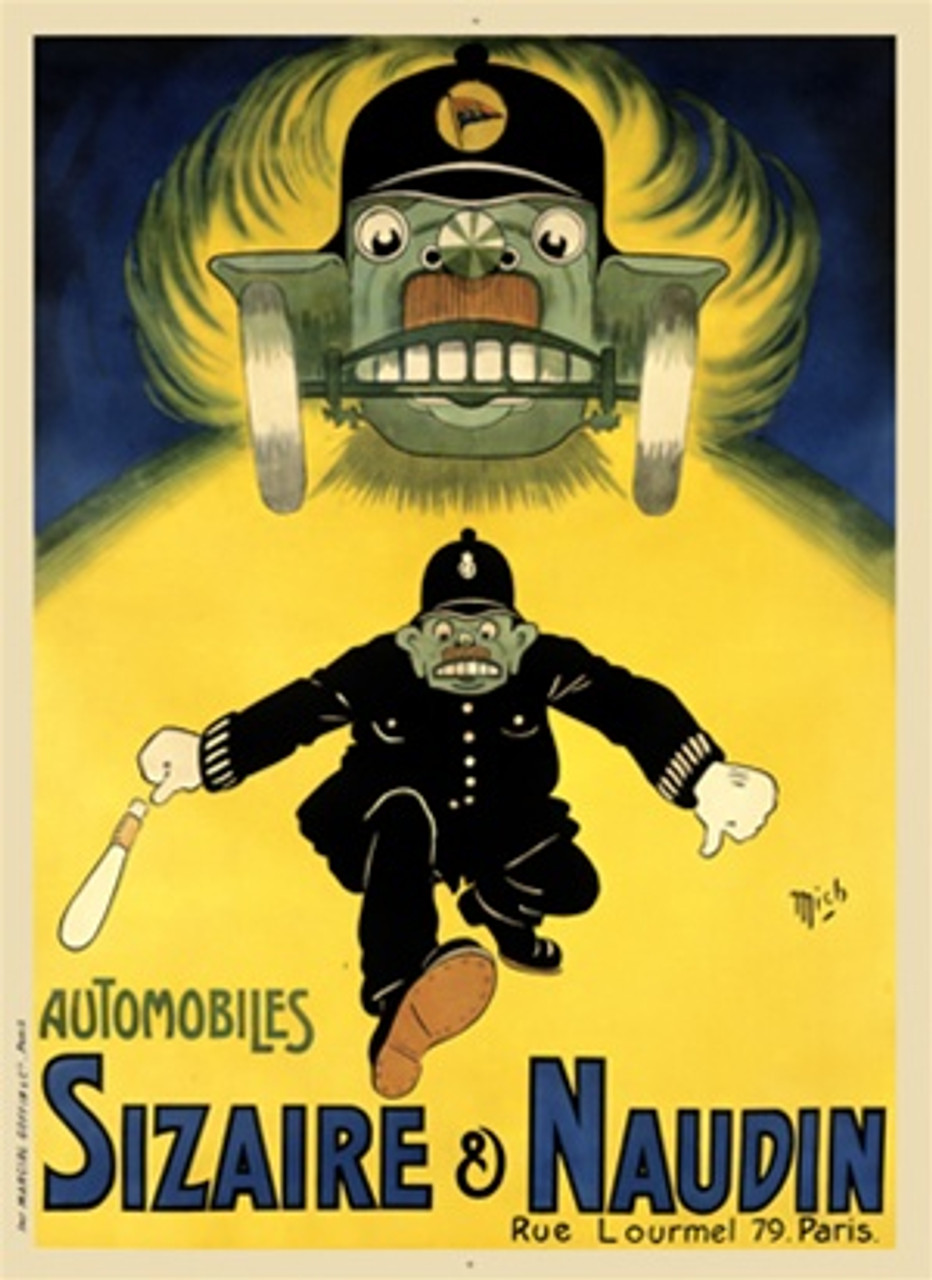 Automobiles Sizaire and Naudin by Mich 1920 France - Vintage Poster Reproductions. This vertical French transportation poster features a police man being chased by a car with a face and hat against a yellow road. Giclee Advertising Print. Classic Posters