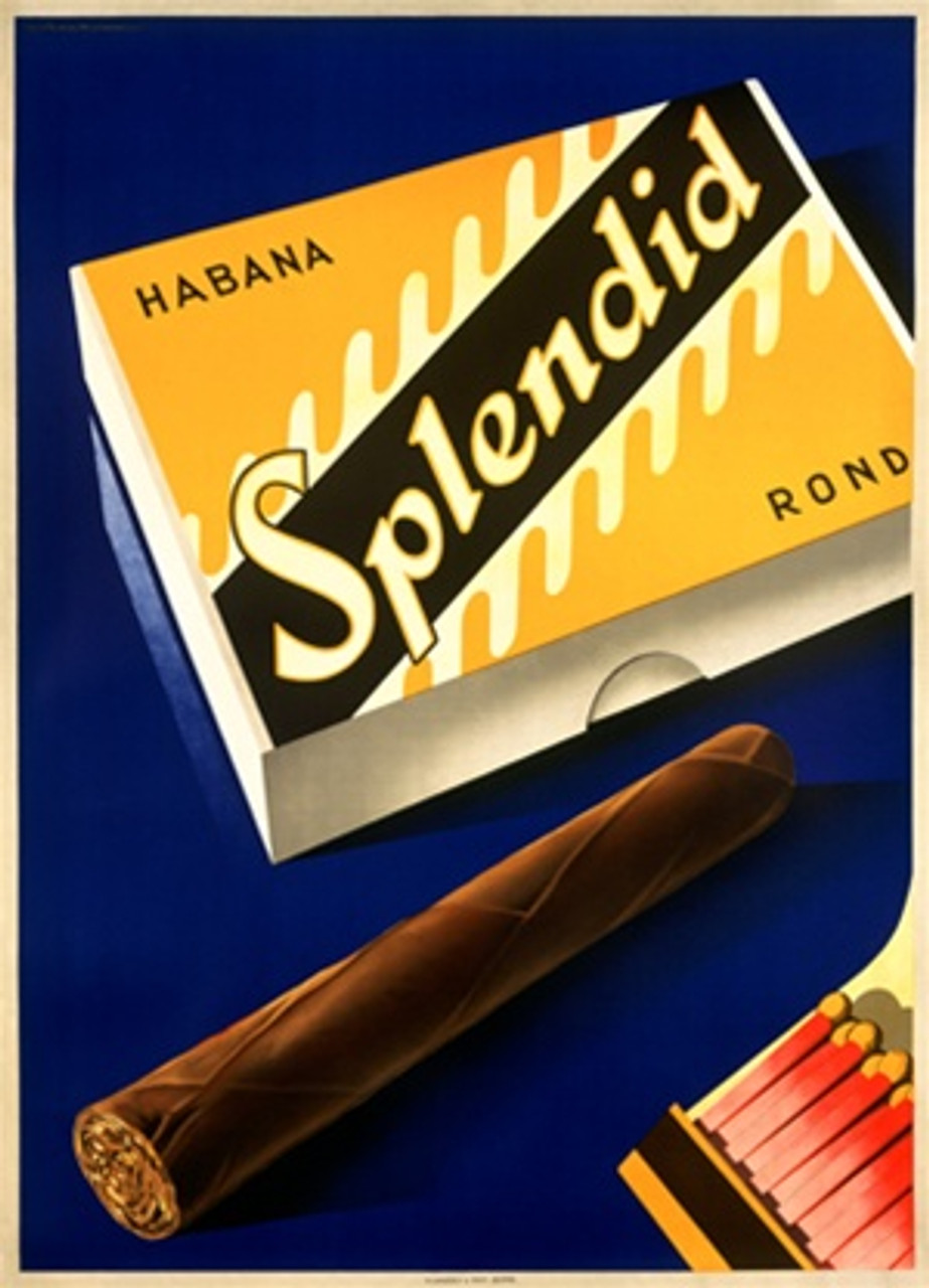 Splendid Cigars by Kow 1930 Switzerland - Beautiful Vintage Poster Reproductions. This vertical Swiss product poster features a yellow box with a cigar and matches next to it on a blue background. Giclee Advertising Print. Classic Posters