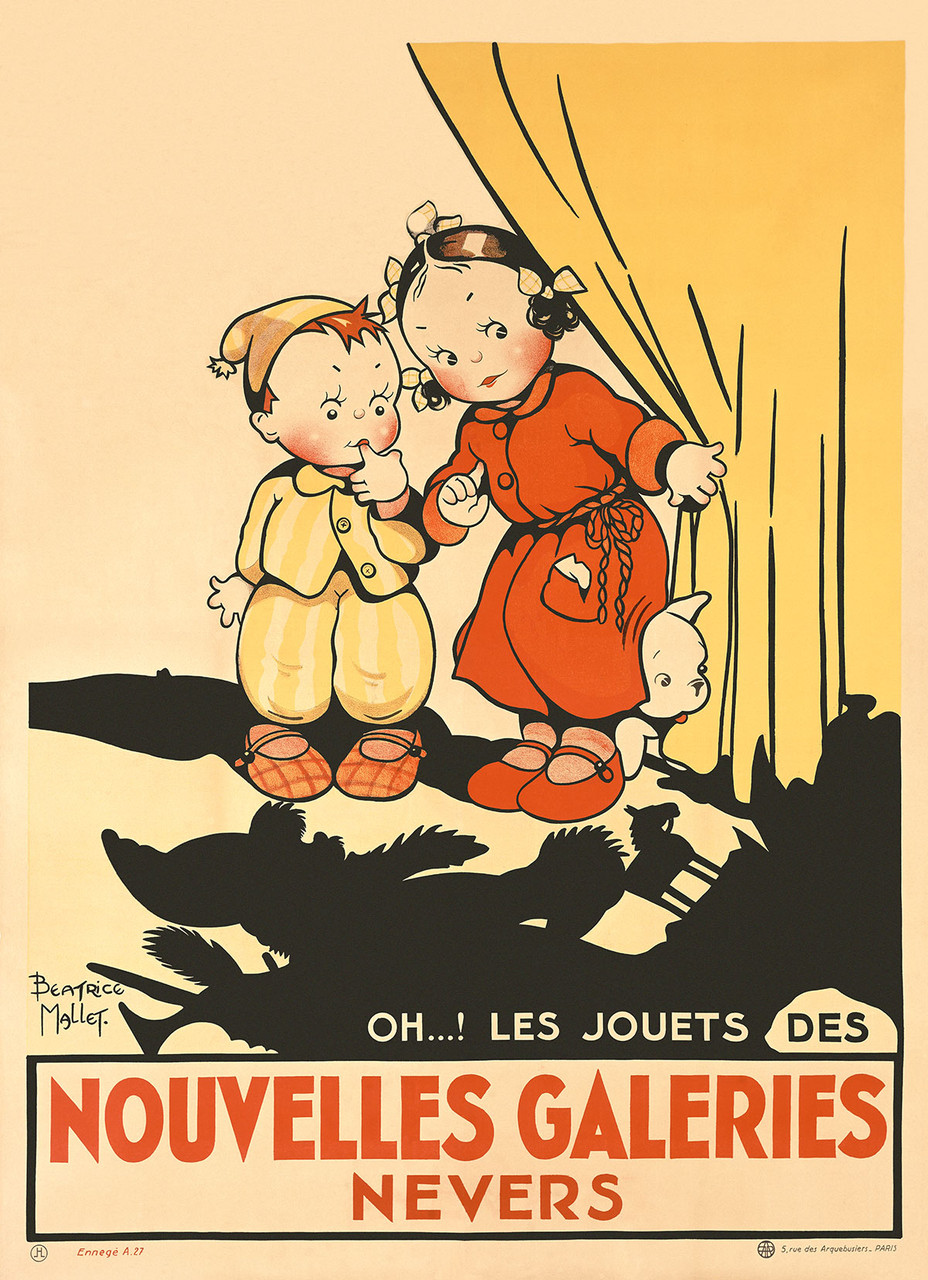 Nouvelles Galeries Nevers Vintage Poster by Beatrice Mallet 1925 French Toys Advertisement – High Quality Giclee Reproduction Fine Art Print. Featuring two curious children and a dog peeking through a curtain at their toys, that cast a playful shadow of animals on the floor, set against a warm beige and yellow background.