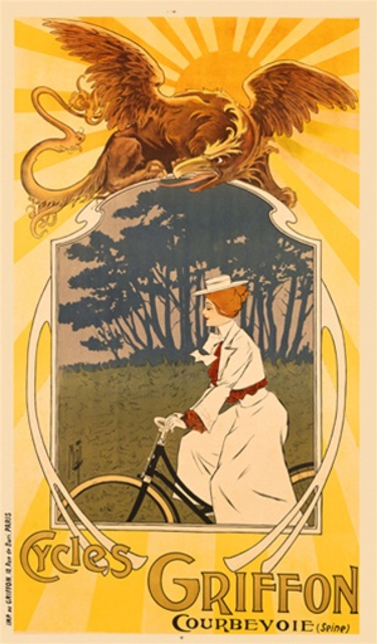 Cycles Griffon poster by Misti - Vintage Posters Reproductions. This vertical French transportation poster features view of a woman riding her bicycle through a frame with a griffon on top and sunburst behind. Cycling Advertising Print. Classic Posters