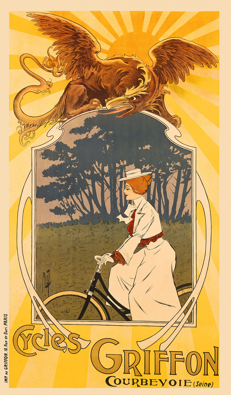 Cycles Griffon Vintage Poster by Misti 1900 French Bicycle Advertisement – High Quality Giclee Reproduction Fine Art Print. Featuring a stylish woman riding a bicycle through a peaceful, tree lined path, with a majestic griffon perched above her against a bright yellow and orange backdrop.