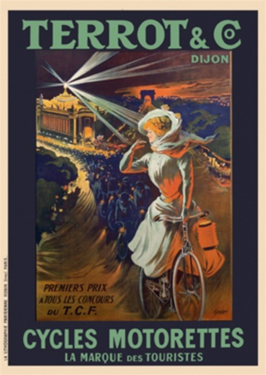 Cycles Terrot and Co. poster France - VintageCycles Poster Reproductions. This French transportation poster features a woman riding her bicycle away from a line of hooded people and a building with a search light. Giclee Advertising Print. Classic Posters