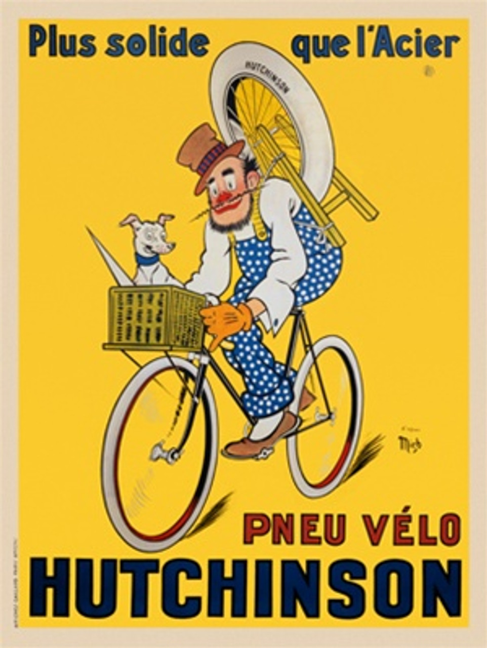 Pneu Velo Hutchinson by Mich 1929 France - Vintage Poster Reproductions. This vertical French transportation poster features a clown riding a bicycle with a dog in the basket and a wheel on a stand on his back. Giclee Advertising Print. Classic Posters