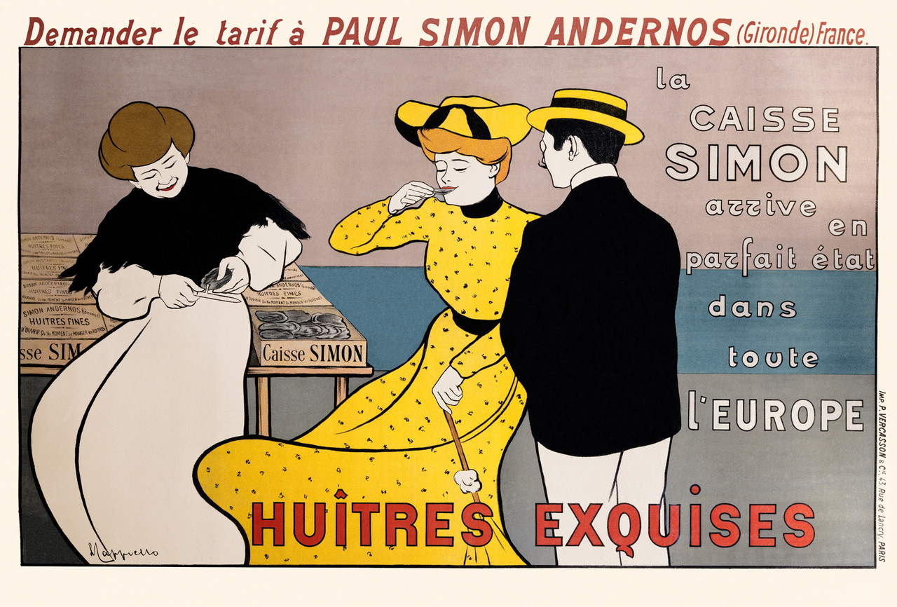 Huitres Exquises by Leonetto Cappiello 1901 France Vintage Poster Reproduction. This horizontal French poster features a couple (man in black jacket and woman in yellow) at the seashore eating oysters from a vendor woman. Giclee advertising prints