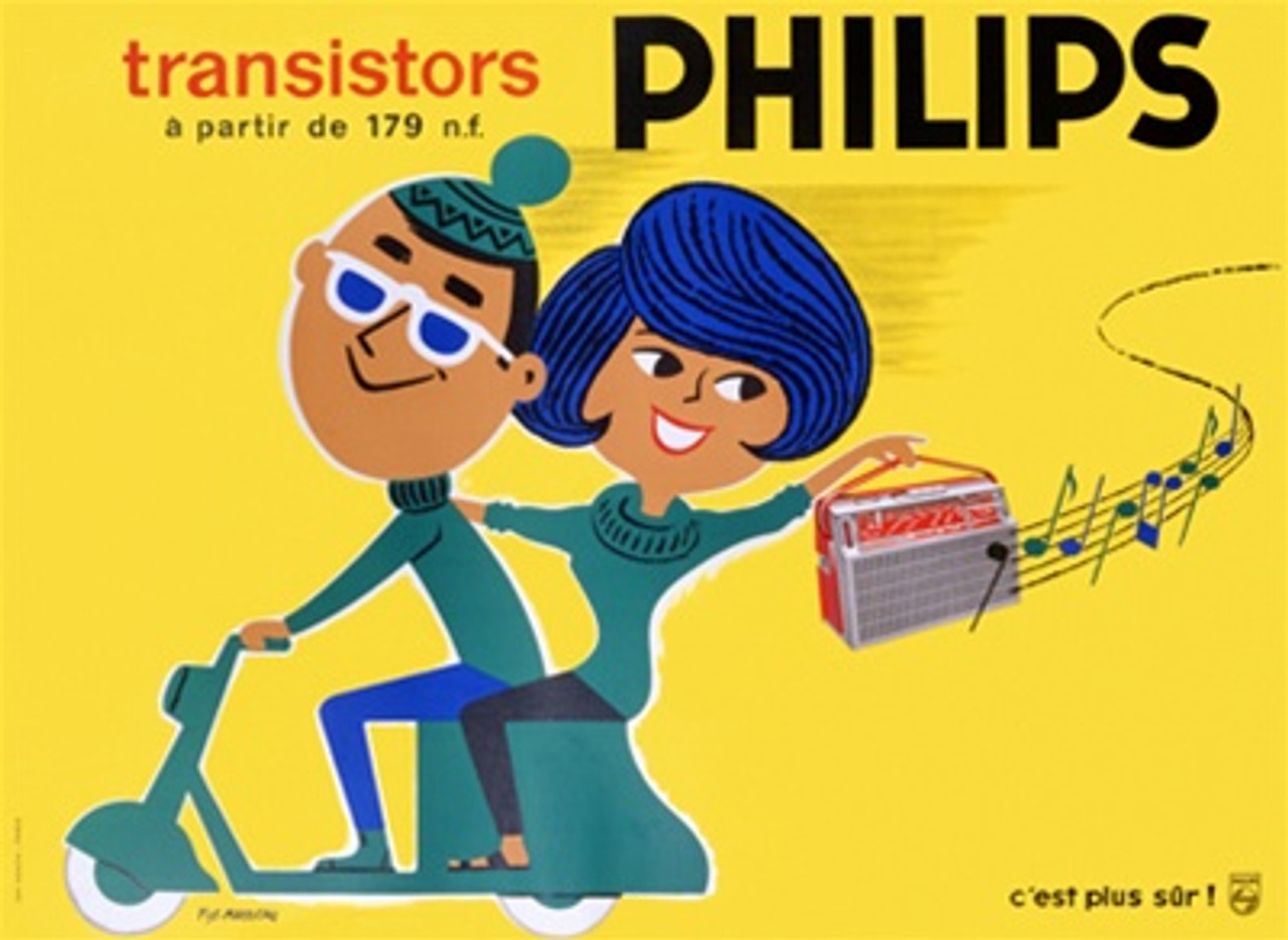 Philips by Fix Masseau 1952 France - Vintage Poster Reproductions. This horizontal French product poster features a couple on a green motercycle, the woman is holding up a radio with music behind them on yellow. Giclee Advertising Print. Classic Posters