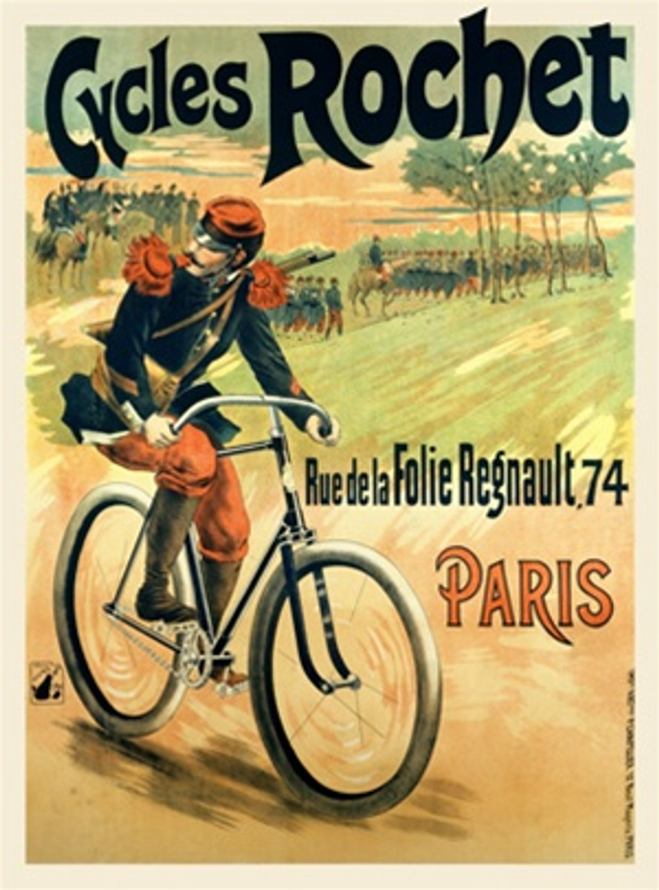 Cycles Rochet poster print bicycles advertisement - Vintage Posters Reproductions. This vertical French transportation poster features a soldier with a rifle on his back on a bicycle with an army in the background. Giclee Advertising Prints