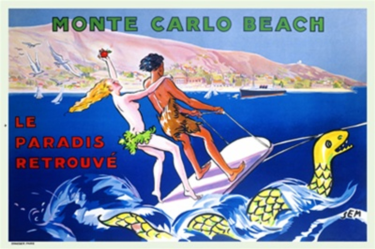 Monte Carlo Beach by Sem 1925 France - Beautiful Vintage Poster Reproductions. This horizontal French travel poster features Adam and Eve water skiing next to a sea snake hear the mountain coast. Giclee Advertising Print. Classic Posters