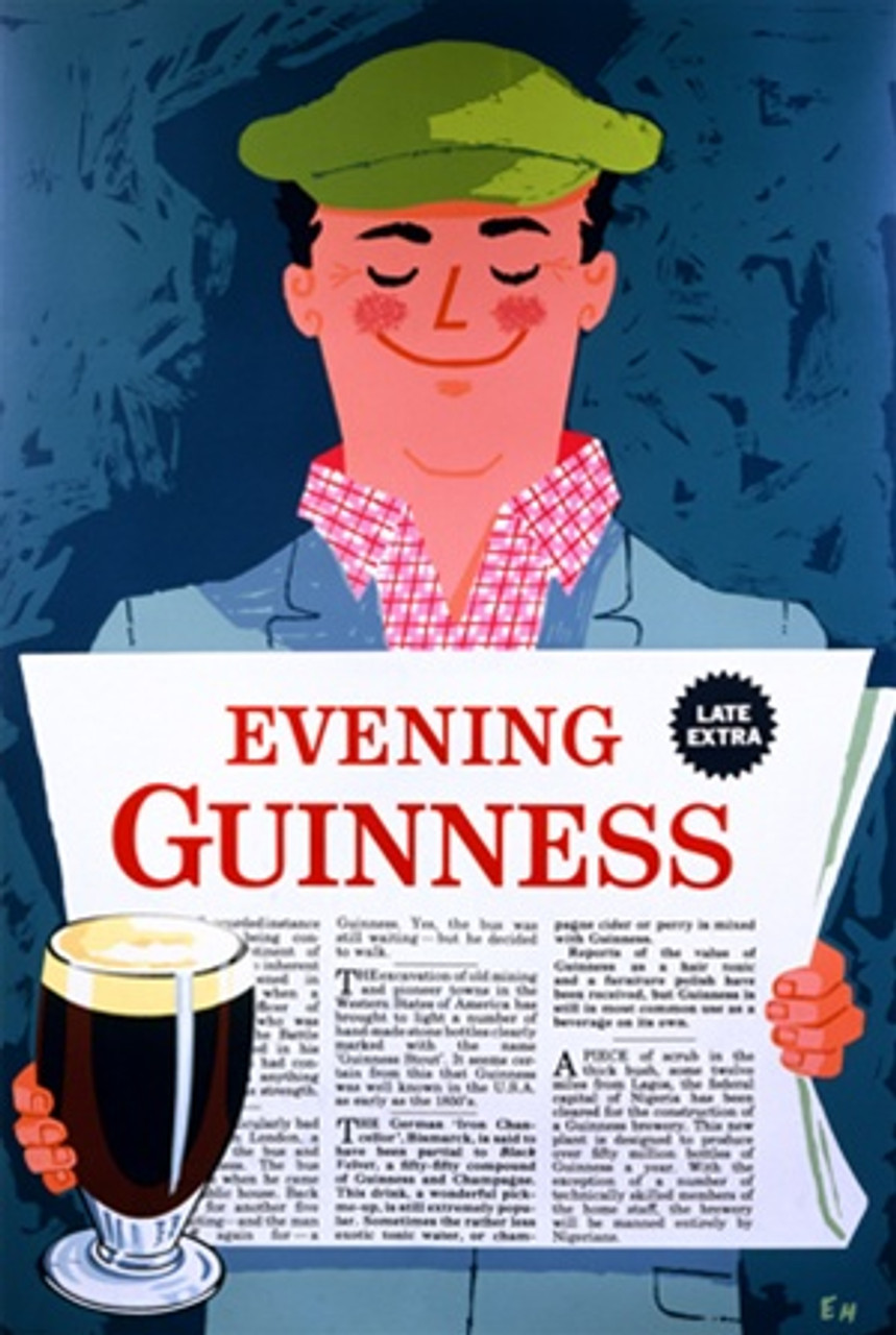 Evening Guinness Poster - Beautiful Vintage Posters Reproductions. This vertical English wine and spirits poster features a smiling man in a green hat reading the evening news holding a glass of guinness beer. Giclee Advertising Prints. Classic Posters