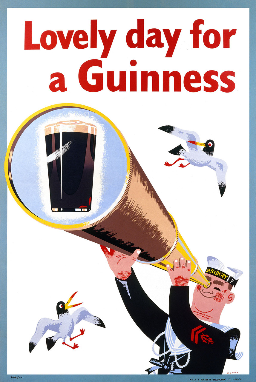 Lovely day for a Guinness Vintage Poster by J. Hanna 1956 British Beer Advertisement – High Quality Giclee Reproduction Fine Art Print. Featuring a cheerful sailor holding a large telescope, with a glass of Guinness displayed prominently, accompanied by flying seagulls against a white background.