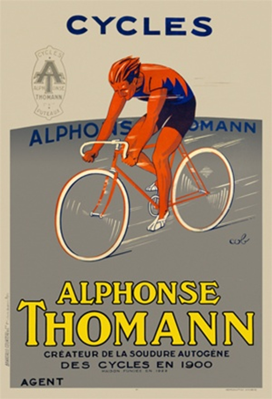 Cycles Alphonse Thomann by Cob 1928 France - Beautiful Vintage Poster Reproductions. This vertical French transportation poster features a cyclist in orange and blue racing a bicycle on a gray background. Giclee Advertising Print. Classic Posters