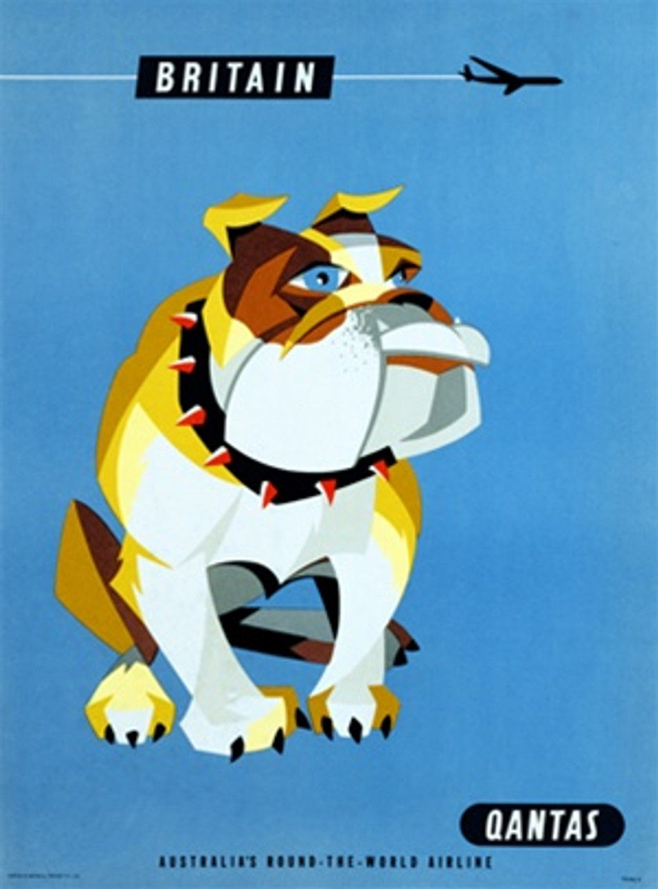 Quantas Britain 1958 England - Beautiful Vintage Poster Reproductions. This vertical English travel poster features a bull dog sitting on a blue background with a small plane flying overhead. Giclee Advertising Print. Classic Posters