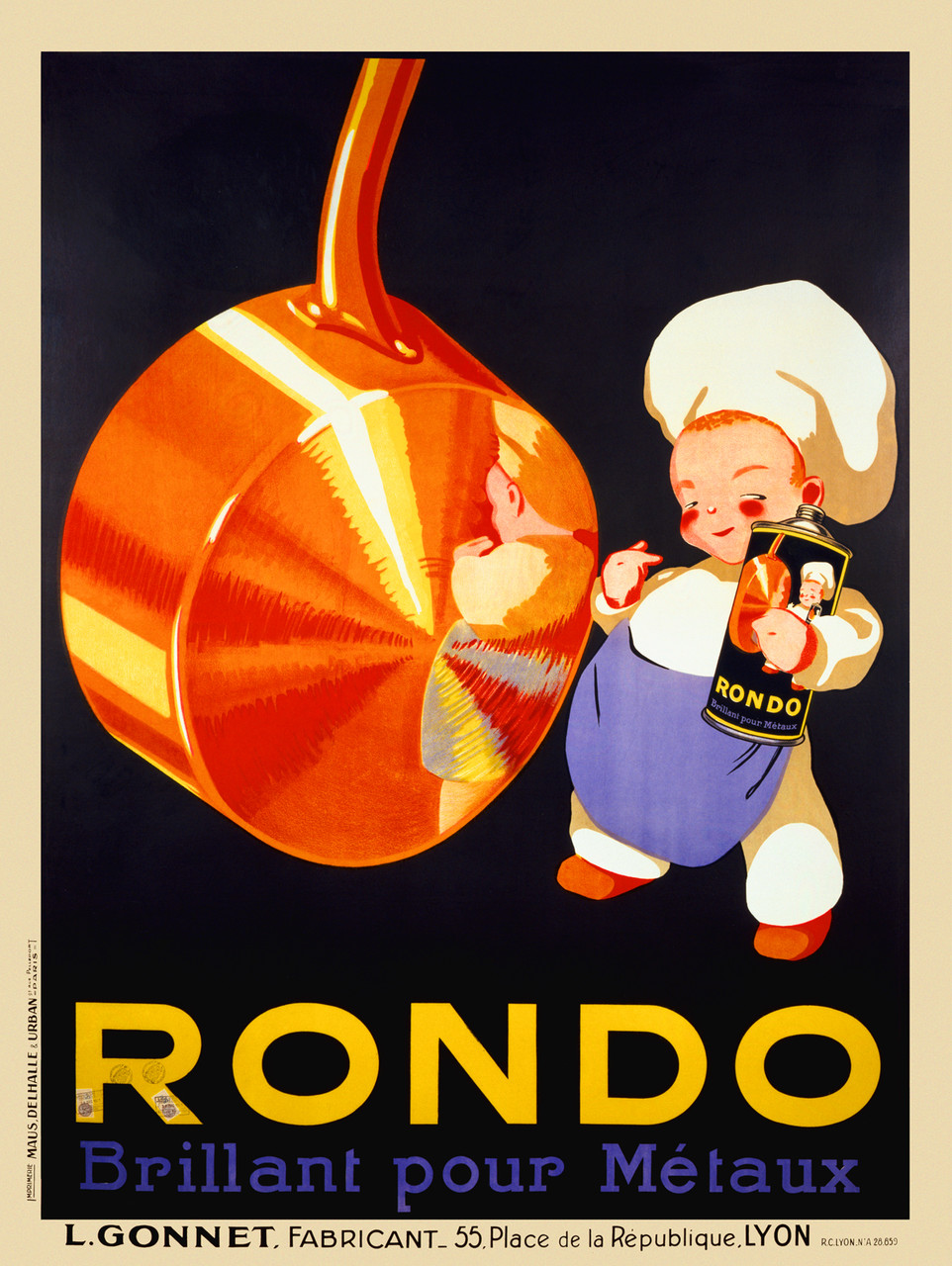 Rondo Brillant Pour Metaux Vintage Poster 1930 French Metal Cleaner Advertisement - High Quality Giclee Reproduction Fine Art Print. Featuring a smiling chef boy holding a bottle of Rondo while admiring his reflection in a shiny, polished pot, set against a dark background with bold yellow and blue text.