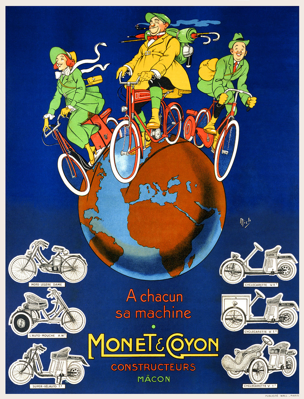 Monnet & Goyon Vintage Poster by Mich (Michel Liebeaux) 1918 French Motorcycle Advertisement - High Quality Giclee Reproduction Fine Art Print. Featuring three cyclists in colorful outfits riding bicycles across the globe, surrounded by illustrations of various vehicles, promoting Monnet & Goyon cycling machines.