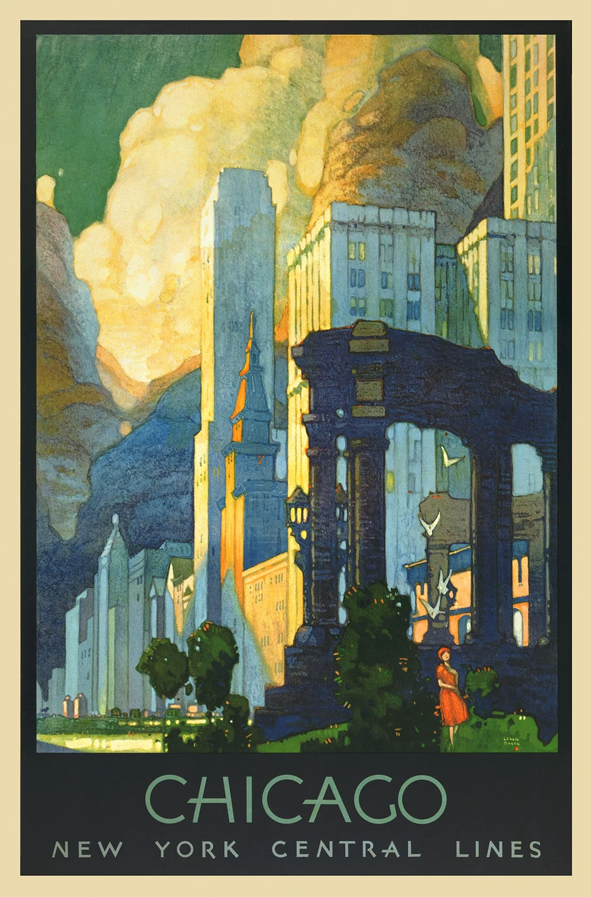 Chicago New York Central Lines Vintage Poster by Ragan 1929 American Travel Advertisement – High Quality Giclee Reproduction Fine Art Print. Featuring a dramatic cityscape of Chicago with towering buildings and an ancient arch in the foreground, set against a colorful sky.