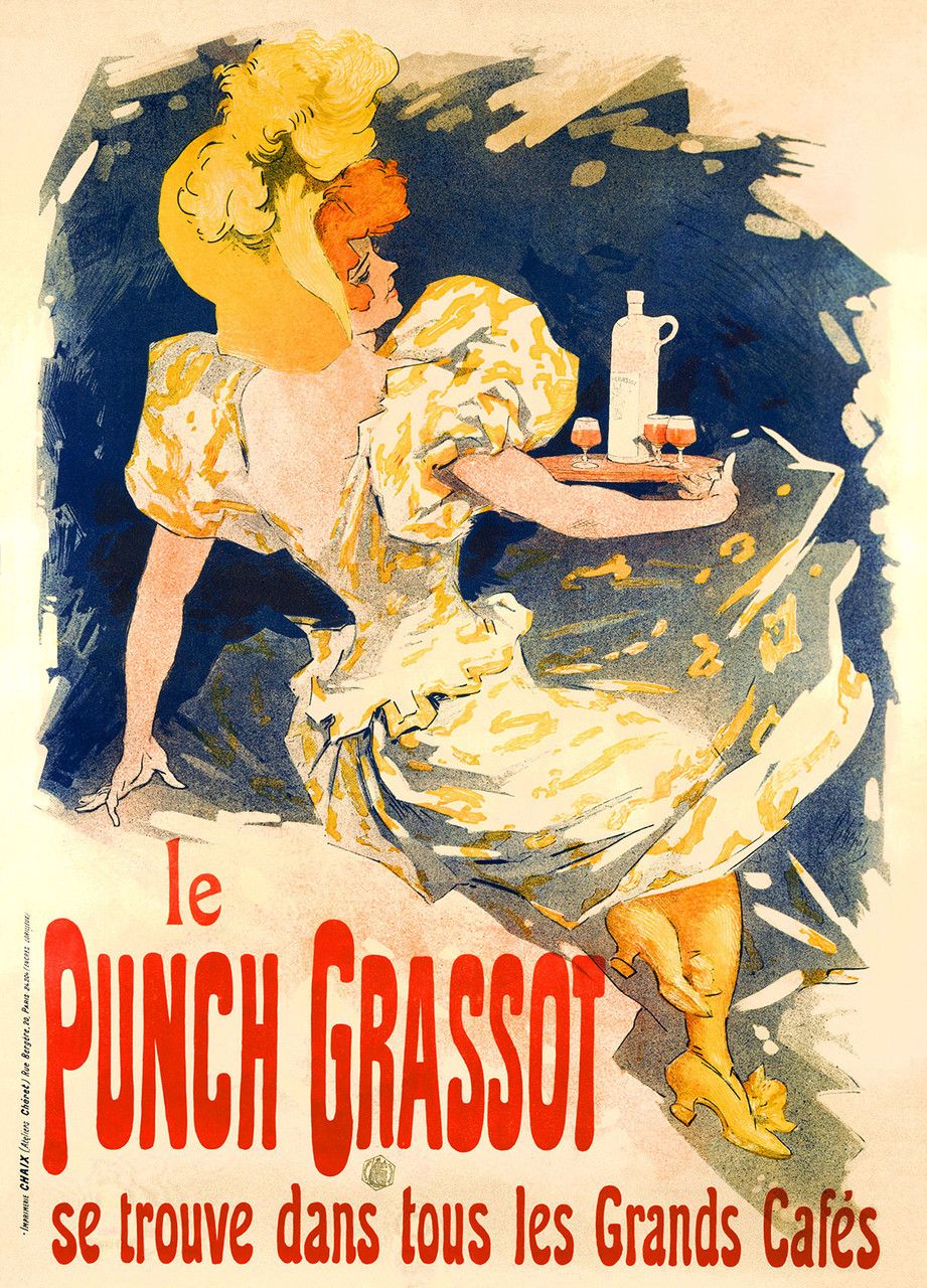 Le Punch Grassot Vintage Poster by Jules Cheret 1895 French Wine and Spirits Advertisement – High Quality Giclee Reproduction Fine Art Print. Featuring a woman in a yellow dress, holding a tray with glasses of Punch Grassot, with a loose and dynamic watercolor style and bold red lettering promoting the product.