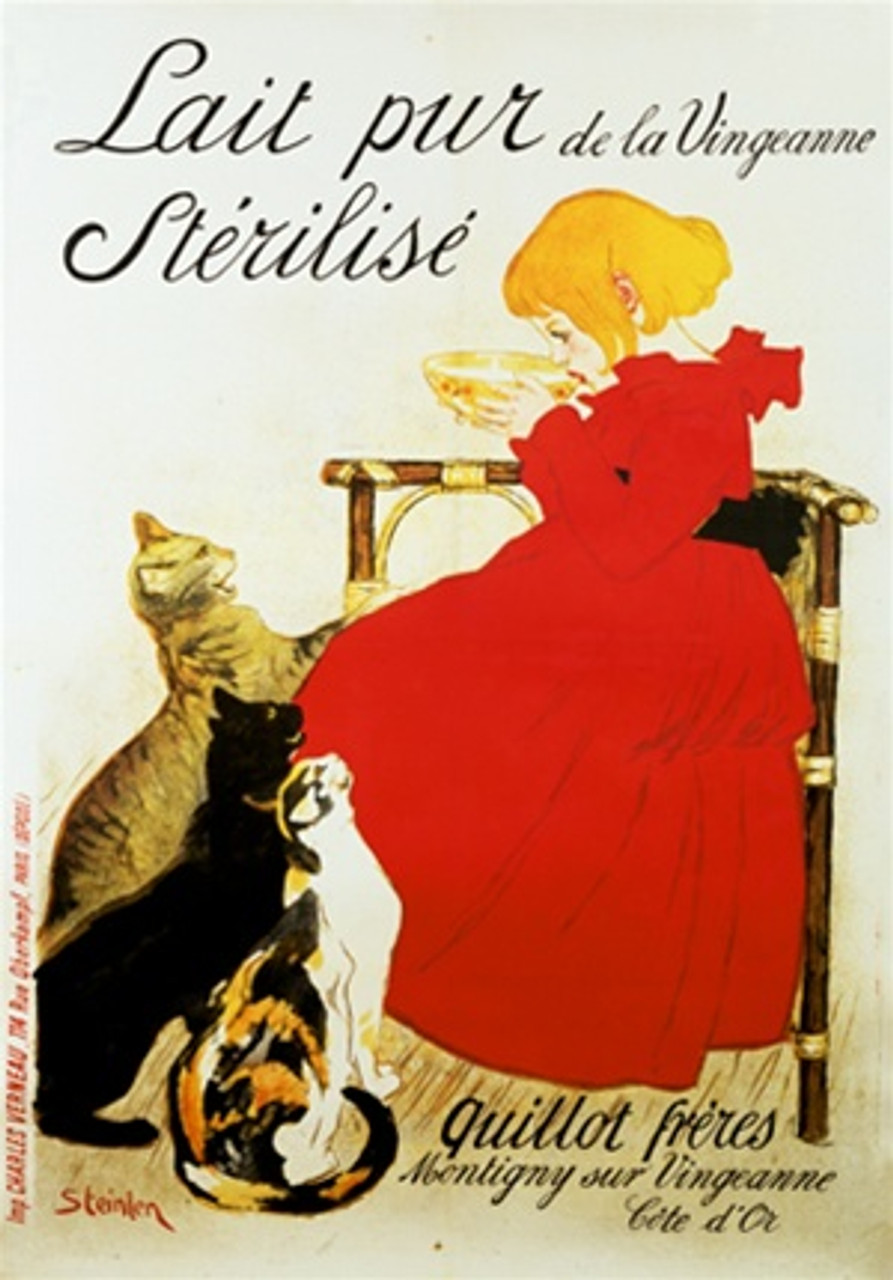 Lait pur de la Vingeanne Sterilise by Steinlen 1894 France - Vintage Poster Reproductions. This French culinary food poster features a girl in a red dress sitting drinking milk with felines at her feet. Giclee Advertising Print. Classic Posters