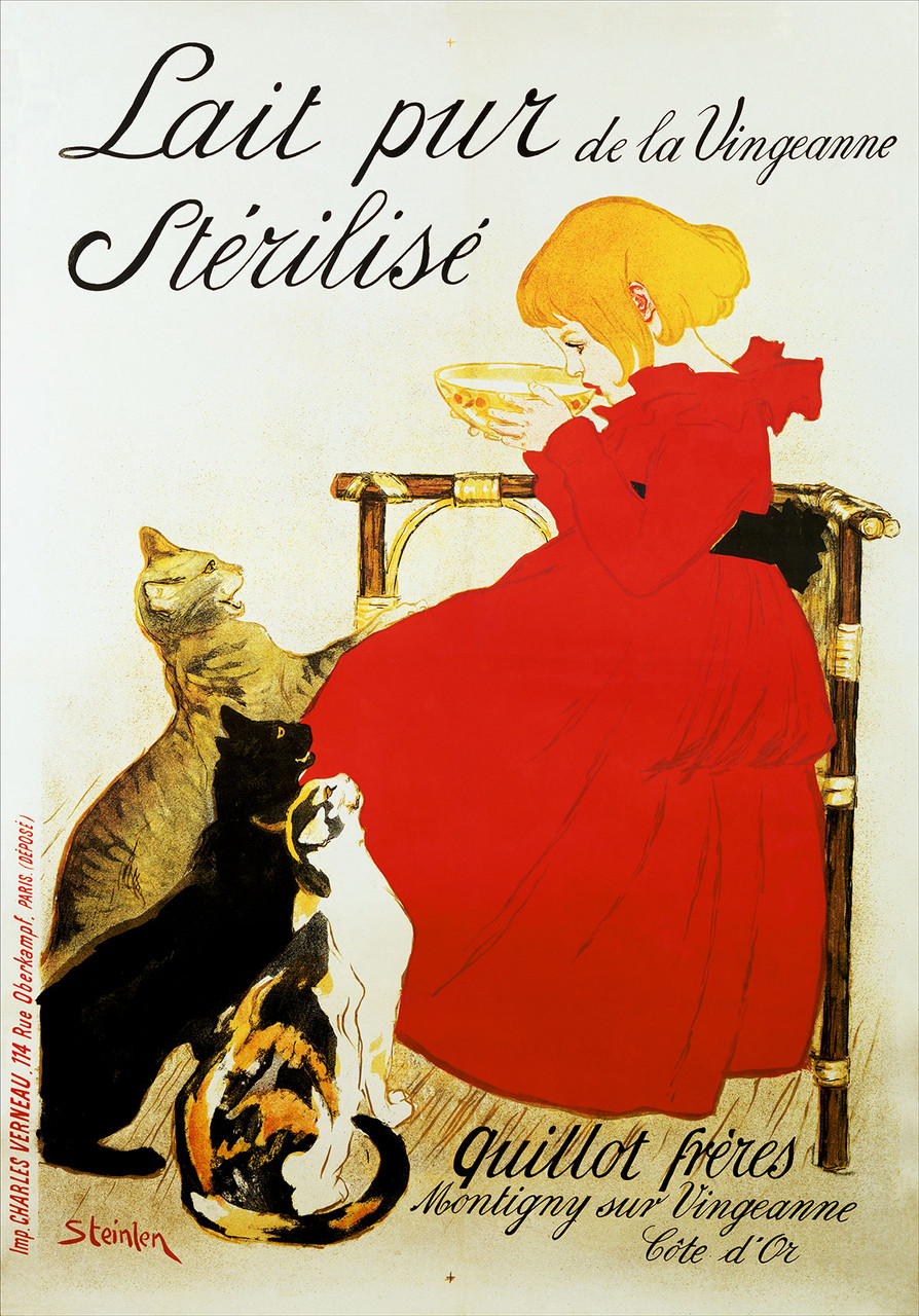 Lait pur de la Vingeanne Sterilise Vintage Poster by Theophile Alexandre Steinlen 1894 French Milk Product Advertisement – High Quality Giclee Reproduction Fine Art Print. Featuring a woman in a red dress sitting on a chair and drinking from a bowl, surrounded by three cats, set against a soft, warm background with bold lettering.
