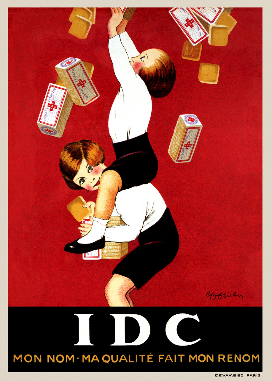 Biscuit Extra Fin IDC Vintage Poster by Leonetto Cappiello 1920 French Food Biscuits & Cookies Advertisement – High Quality Giclee Reproduction Fine Art Print. Featuring two children standing on each other’s shoulders, catching falling boxes of IDC, set against a striking red background.