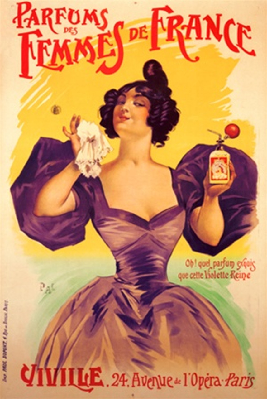 Parfums des Femmes de France by PAL 1898 France - Vintage Poster Reproductions. This vertical French product poster features a woman in a formal purple dress holding up her handkerchief and bottle of perfume. Giclee Advertising Print. Classic Posters