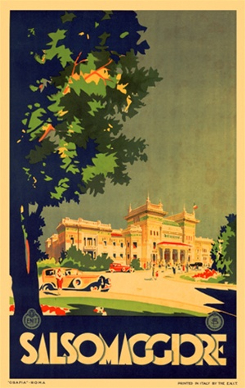 Salsomaggiore 1927 Italy - Beautiful Vintage Poster Reproductions. This vertical Italian travel poster features a mansion surrounded by trees with a circular driveway scattered with cars and people. Giclee Advertising Print. Classic Posters