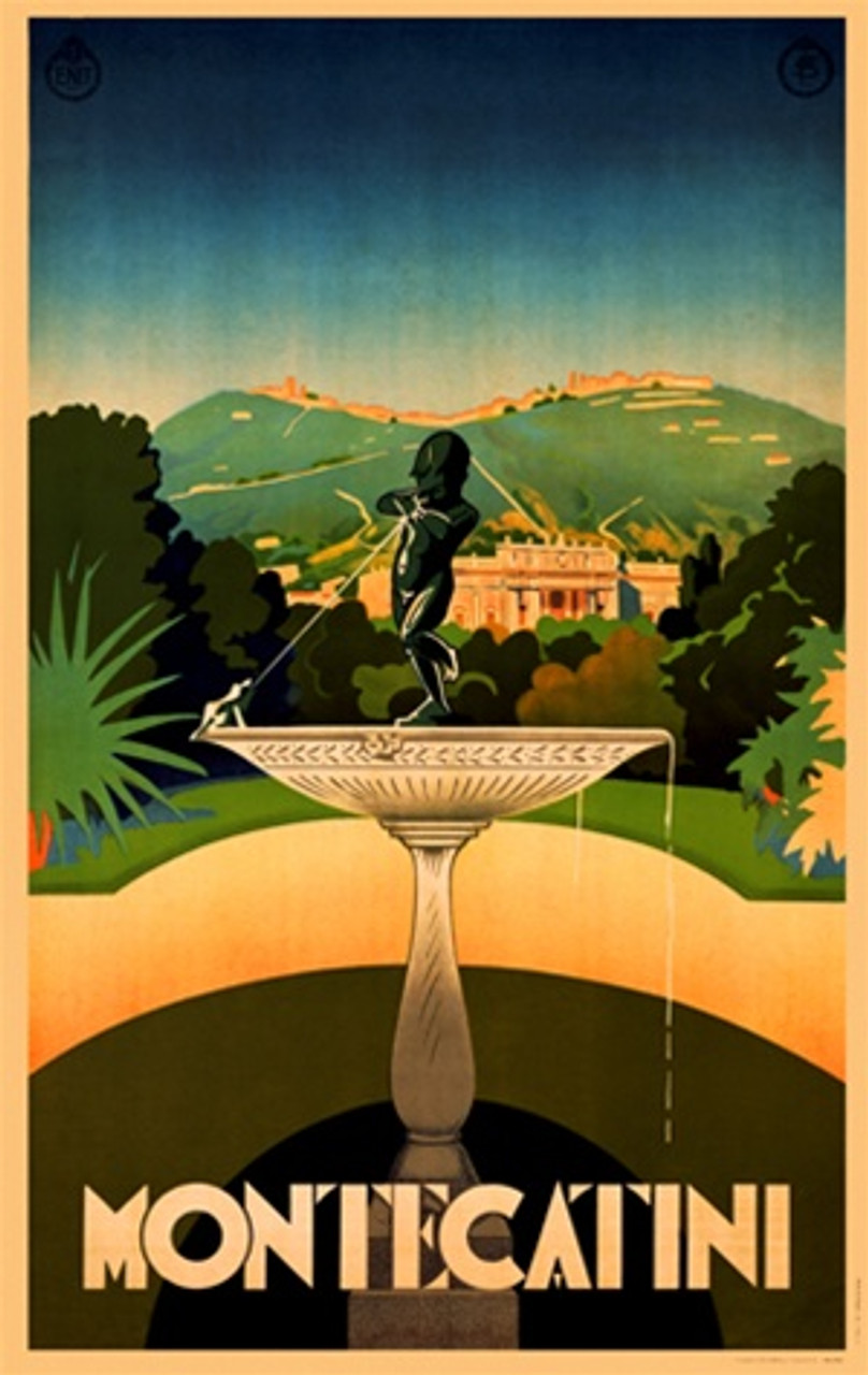 Montecatini 1926 Italy - Beautiful Vintage Poster Reproductions. This vertical Italian travel poster features a bird bath fountain with a statue of a boy being squirted by a frog with a mansion behind it. Giclee Advertising Print. Classic Posters