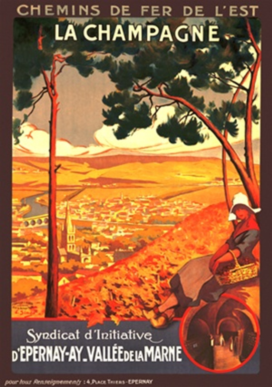 La Champagne Chemins De Fer De L'Est 1905 France  Vintage Poster Reproduction. This vertical French travel poster features a woman in a bonnet and clogs with a basket sitting on a hill above a scenic village landscape. Giclee Advertising Print. Classic Posters