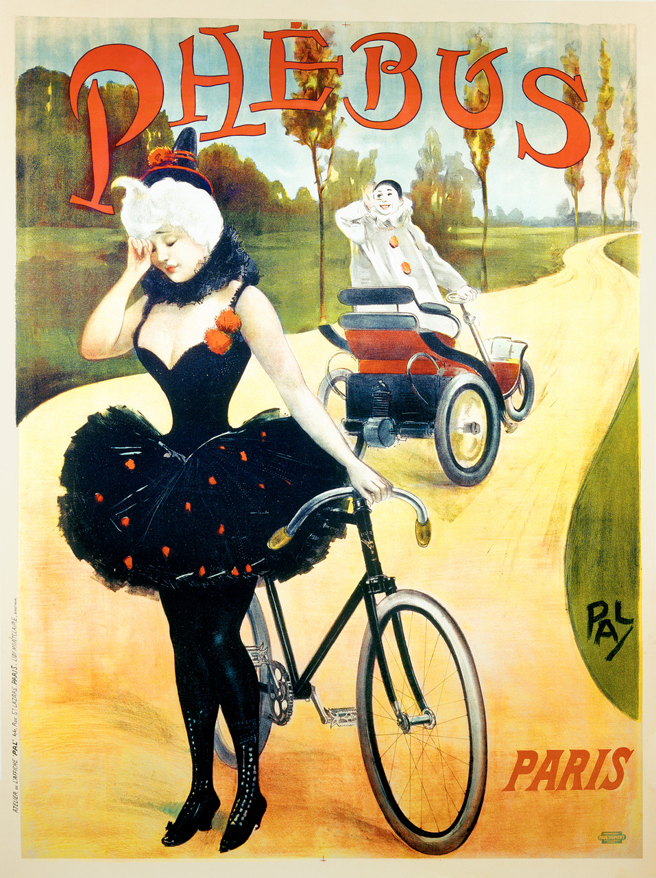 Cycles Phebus Paris by Pal 1898 France - Beautiful Vintage Poster Reproduction. This vertical French transportation poster features a clown in a car looking back at a woman circus performer standing next to a bike crying. Giclee Advertising Print. Classic Posters