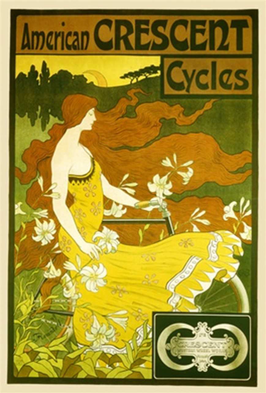 American Crescent Cycles by Ramsdel 1899 France - Vintage Poster Reproductions. French poster features a red headed woman in a yellow dress blowing in the wind in a field of flowers next to a bike. Giclee Advertising Print. Classic Posters