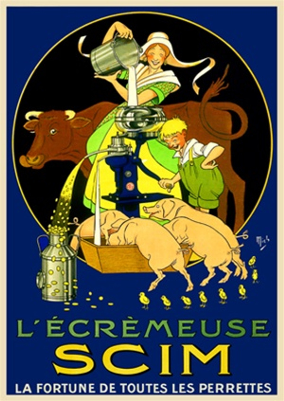 Culinary L'Ecremeuse SCIM by Mich 1912 France - Vintage Poster Reproductions. This vertical French culinary / food poster features a woman pouring milk from a bucket with a cow, a boy, pigs and chicks at a pump. Giclee Advertising Print. Classic Posters