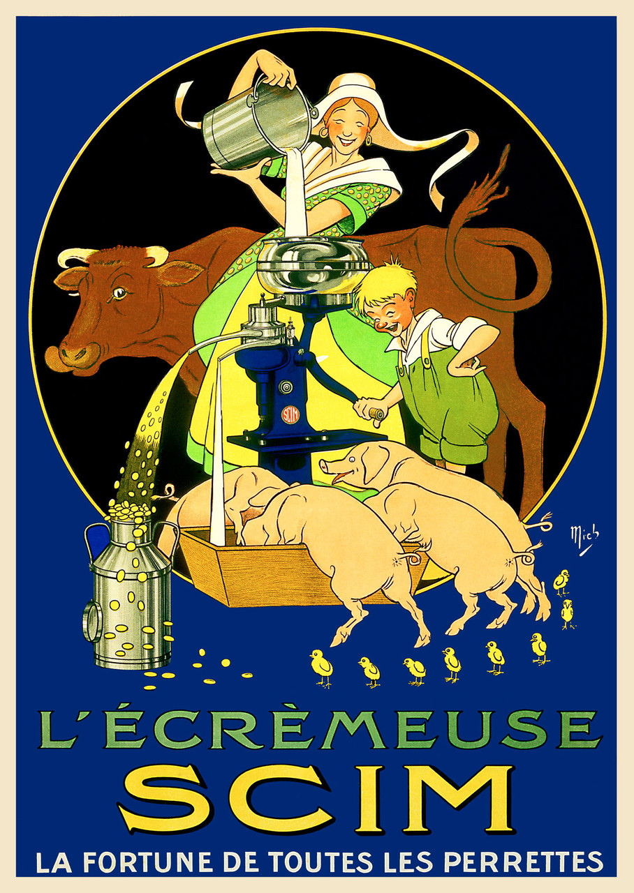 Culinary L'Ecremeuse Scim Vintage Poster by Mich (Michel Liebeaux) 1912 French Agriculture Dairy Machine Advertisement – High Quality Giclee Reproduction Fine Art Print. Featuring a smiling woman pouring milk from a cow into a milking machine, with a boy beside her and pigs eating from a trough, bringing a lively farm scene to life in bright colors.
