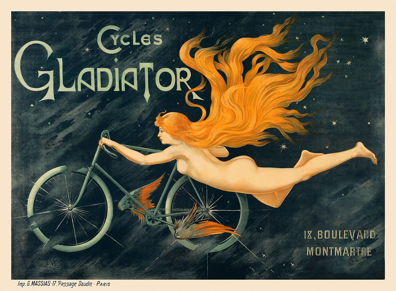 Cycles Gladiator Vintage Poster by Imp. G. Massias 1895 French Bicycle Advertisement – High Quality Giclee Reproduction Fine Art Print. Featuring a woman with flowing red hair soaring through the night sky, holding the handlebars of a bicycle, surrounded by swirling stars. Horizontal poster.