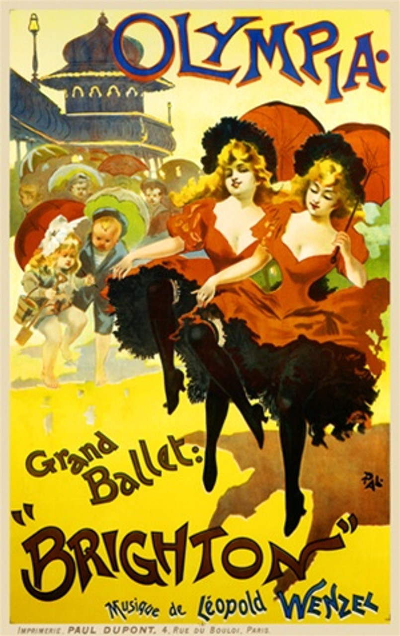 Olympia by PAL 1896 France - Beautiful Vintage Poster Reproductions. This vertical French theater and exhibition poster features 2 identical girls dancing with parasol while children look on dancing with them. Giclee Advertising Print. Classic Posters