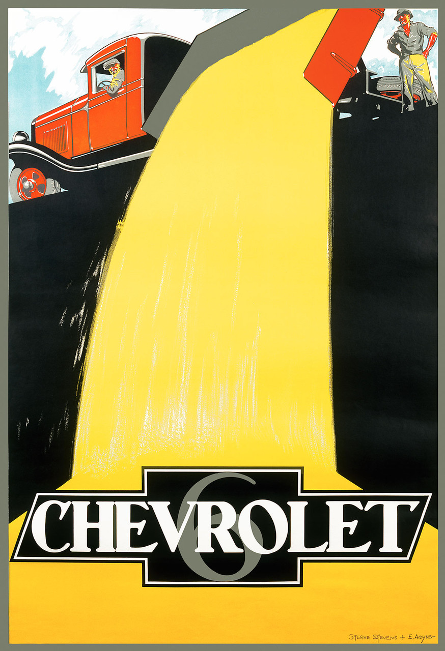 Chevrolet 6 Vintage Poster by Sterne Stevens & E. Adyns 1927 Belgian Car Advertisement – High Quality Giclee Reproduction Fine Art Print. Featuring a red truck dumping yellow material into a dark abyss, with the Chevrolet logo prominently displayed at the bottom.