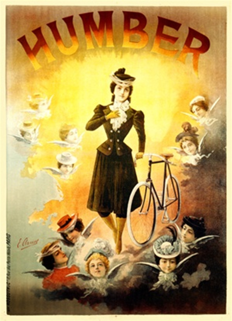 Humber 1897 France - Beautiful Vintage Poster Reproductions. This vertical French transportation poster features a woman next to a bike with winged heads of women around and glowing light behind her. Giclee Advertising Print. Classic Posters
