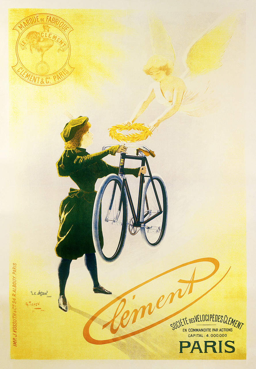 Cycles Clement Vintage Poster by Tichon 1896 French Bicycle Advertisement – High Quality Giclee Reproduction Fine Art Print. Featuring a woman holding a bicycle with an angel overhead, presenting a golden wreath, set against a soft yellow background.