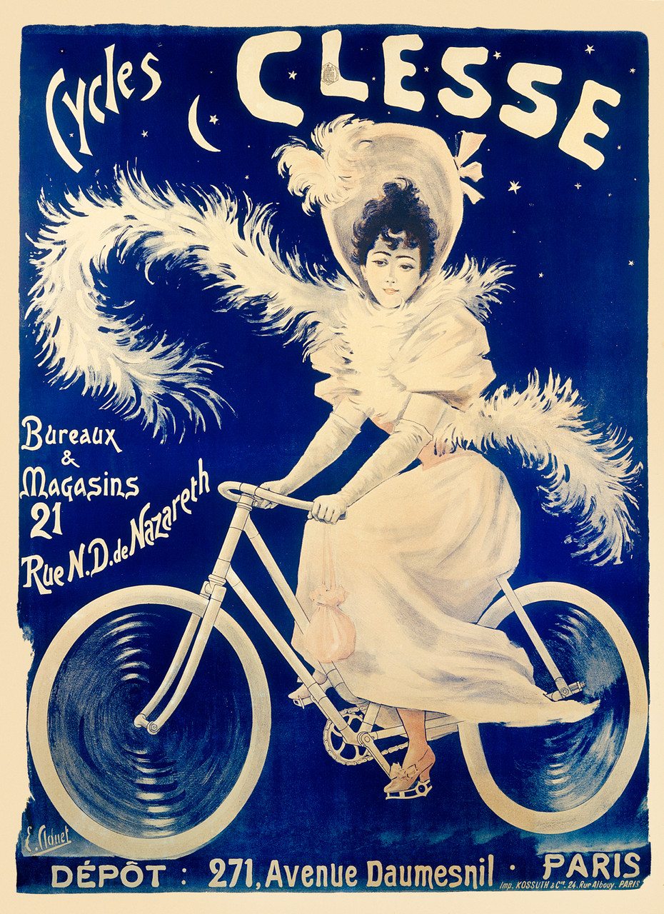 Cycles Clesse 1897 France by E. Clouet Vintage Poster Reproduction. This vertical French transportation poster features a woman in all white with a feather boa and big hat pedaling across a blue starry sky. Giclee Advertising Prints. Classic Posters