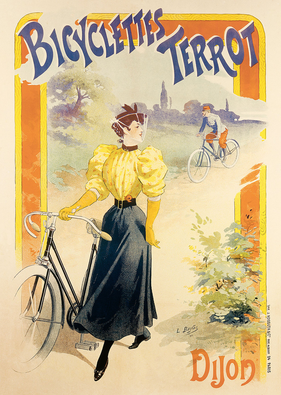 Bicyclettes Terrot Dijon Vintage Poster by Lucien Baylac 1896 French Bicycle Advertisement – High Quality Giclee Reproduction Fine Art Print. Featuring a woman in an elegant yellow blouse and long skirt, holding a bicycle by her side, while a man rides his bicycle in the background, set in a lush landscape with soft pastel tones, evoking a leisurely and fashionable biking experience.