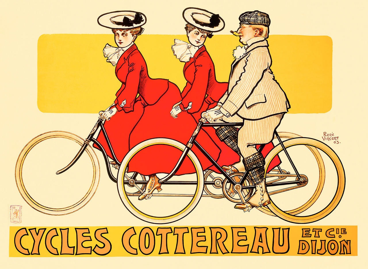 Cycles Cottereau Vintage Poster by R. Vincent 1905 French Bicycles Advertisement – High Quality Giclee Reproduction Fine Art Print. Featuring two women in red dresses riding a tandem bicycle, with a man in a suit riding a separate bicycle, all set against a bright yellow background. Horizontal poster.