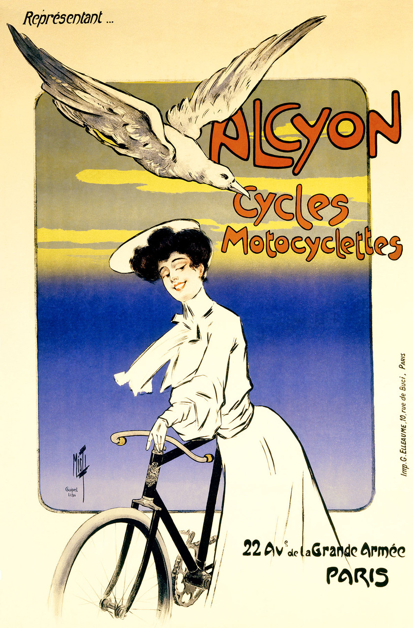 Alcyon Cycles Motorcyclettes Vintage Poster by Misti 1899 French Bicycles Advertisement – High Quality Giclee Reproduction Fine Art Print. Featuring a woman standing next to a bicycle, smiling joyfully, with a seagull flying above her against a soft colored sky.