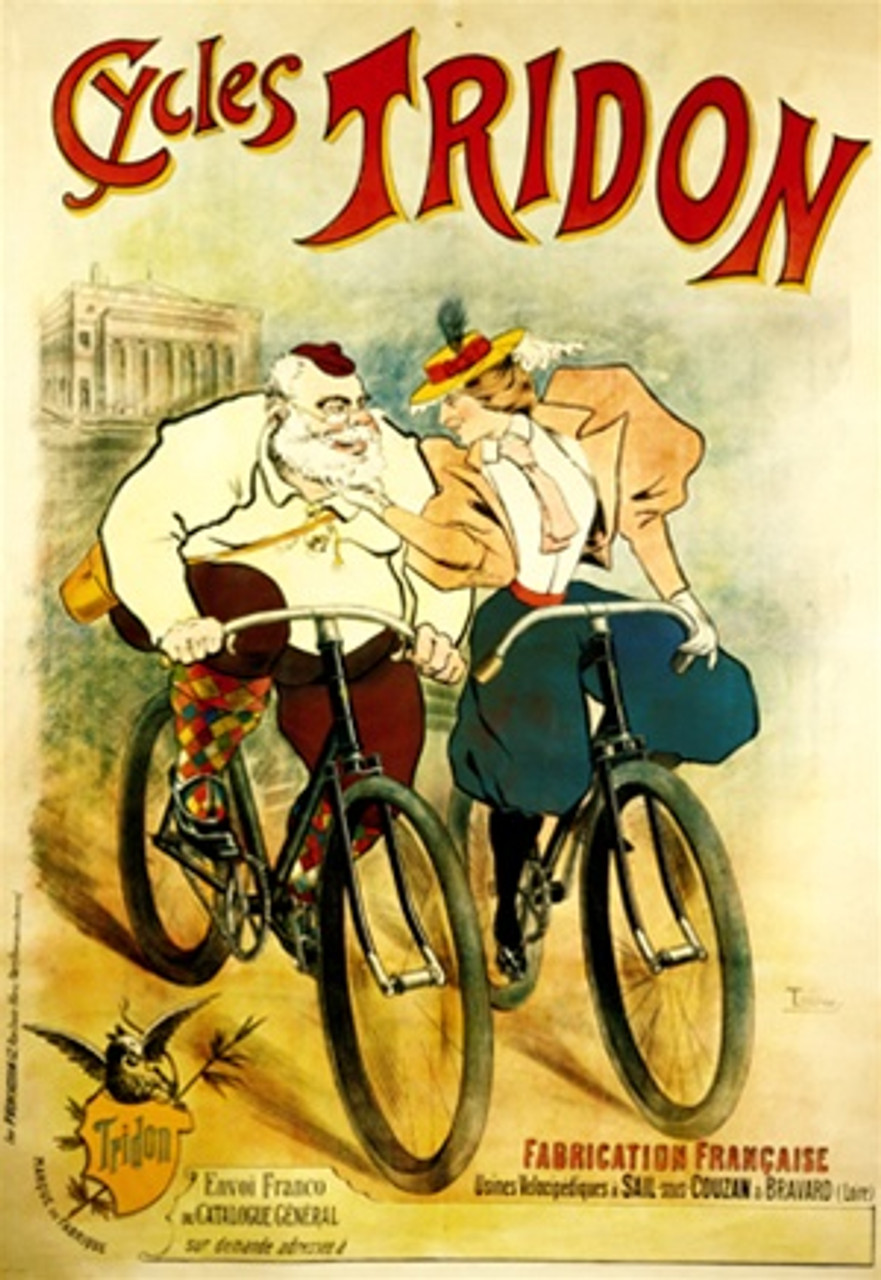 Cycles Tridon by Loudrey 1899 France - Beautiful Vintage Poster Reproductions. This vertical French transportation poster features a couple riding bikes, the woman reaches over to touch the fat mans chin beard. Giclee Advertising Print. Classic Posters