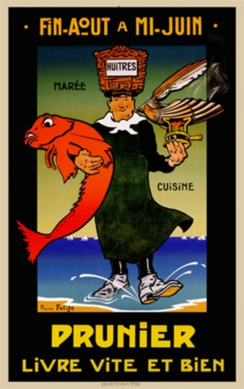 Prunier poster by Felize 1928 France - Beautiful Vintage Poster Reproductions. French culinary / food poster features a man walking out of ocean holding a fish, a clam cooking and a basket on his head. Giclee Advertising Prints Posters.