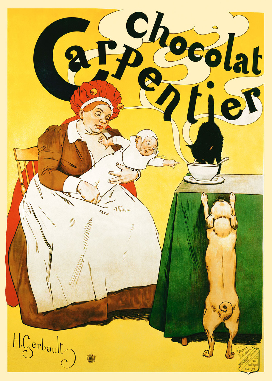 Chocolat Carpentier Vintage Poster by H. Gerbault 1897 French Chocolate Advertisement – High Quality Giclee Reproduction Fine Art Print. Featuring a playful and humorous scene with a mother holding a baby, a black cat drinking from a bowl, and a dog standing on its hind legs, all set against a vibrant yellow background with the bold lettering of the chocolate brand.