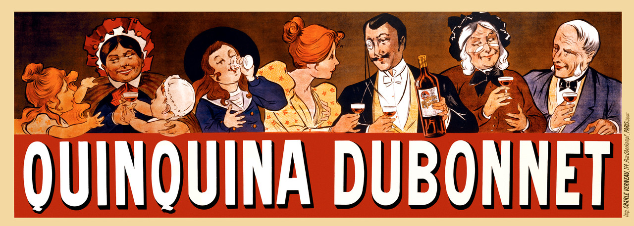 Quinquina Dubonnet by Eugene Oge 1904 France - Beautiful Vintage Poster Reproduction. This horizontal French wine and spirits poster features a row of people, young to old, drinking above the red banner. Giclee Advertising Print. Classic Posters