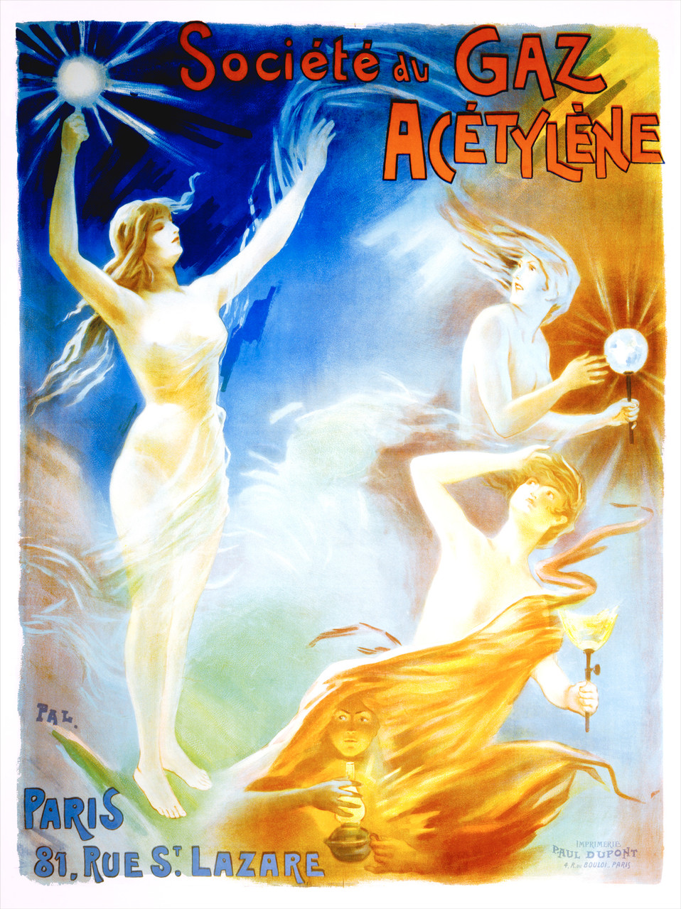 Societe du Gaz Acetylene by Pal 1898 France - Vintage Poster Reproduction. This vertical French product poster features wind blown women appearing from the clouds with gas lamps against a blue and orange sky. Giclee Advertising Print. Classic Posters