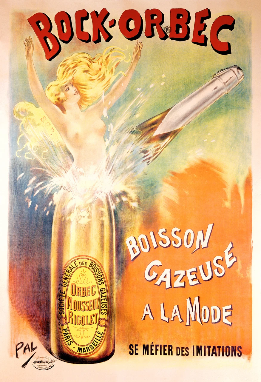 Bock-Orbec Poster by PAL (Jean de Paleologue) 1898 French Vintage Soda Advertisement – High Quality Giclee Reproduction Fine Art Print. Featuring a whimsical scene with a blonde woman emerging from a Bock-Orbec sparkling beverage bottle, with the bottle exploding in a splash, and a rocket shooting out against a colorful background.