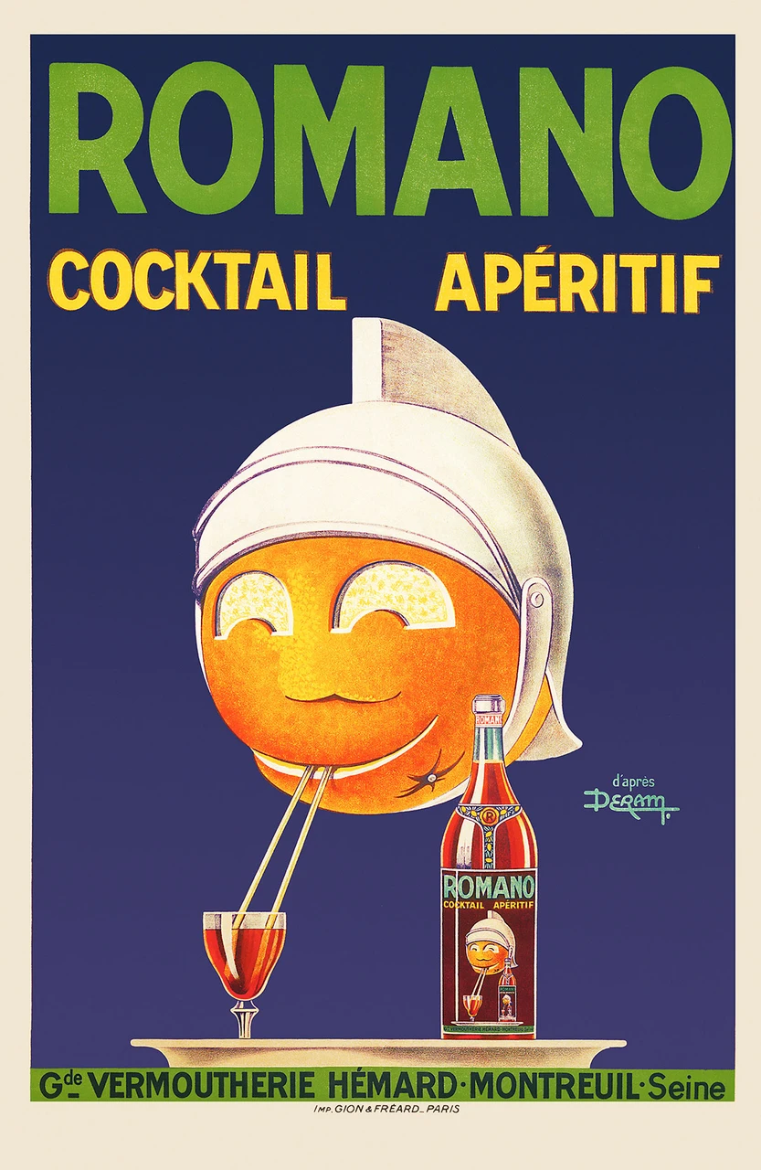 Romano Cocktail Aperitif Vintage Poster by Deram 1926 French Wine and Spirits Advertisement – High Quality Giclee Reproduction Fine Art Print. Featuring a cheerful orange wearing a Roman helmet with two straws in its mouth, alongside a bottle and glass of Romano Aperitif cocktail, set against a dark blue background.